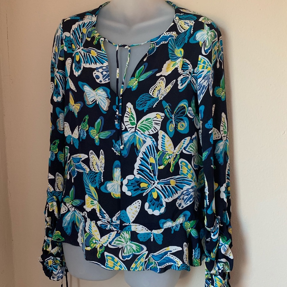 Tory Burch 100% Blue Silk Butterfly Blouse size 4